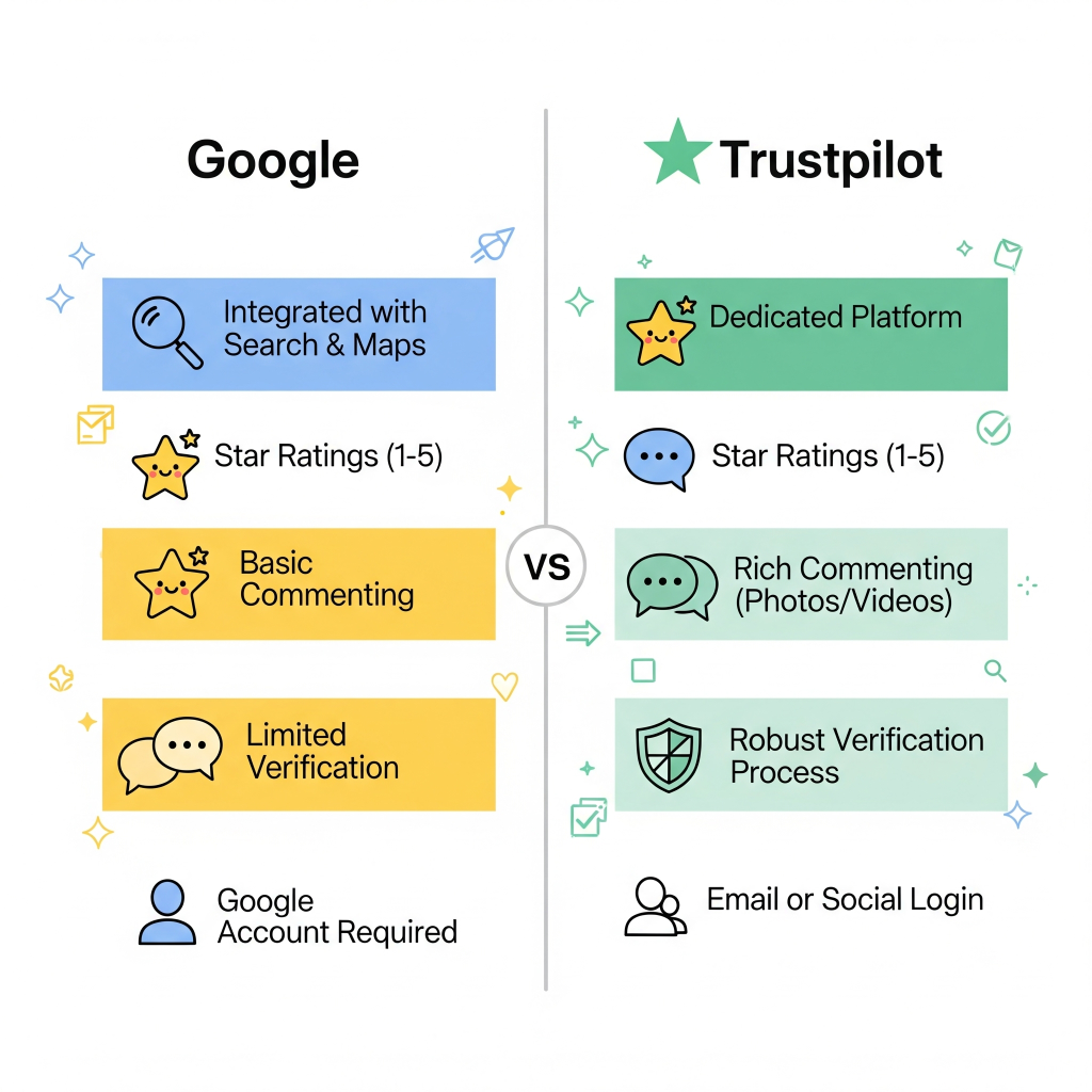 Infographic comparison of Google vs Trustpilot review features.
