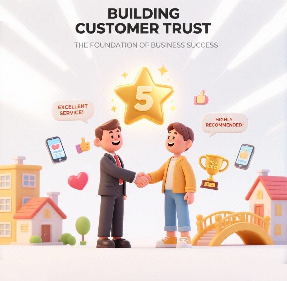 Customer trust concept with handshake and review stars.