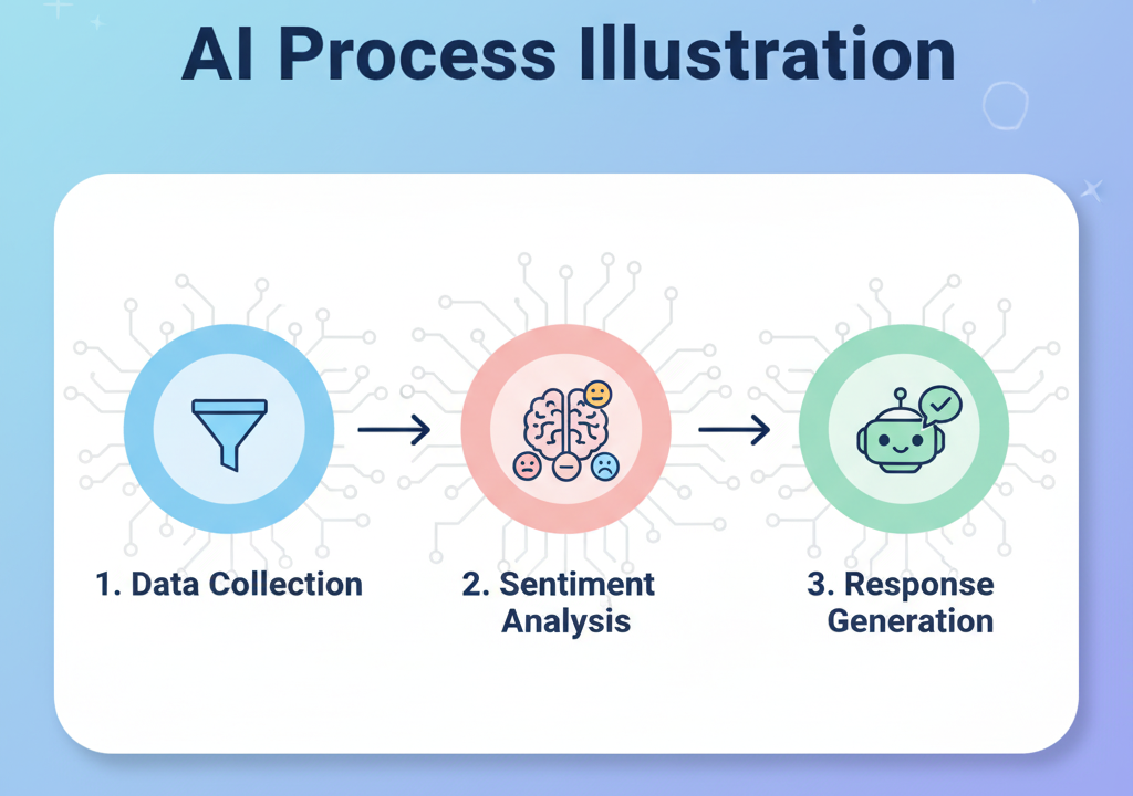 Steps of AI review analysis in infographic style.