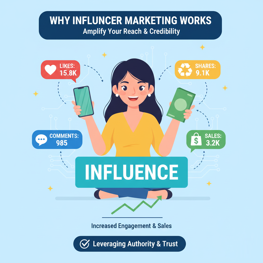 influencer promoting a product with social media engagement icons.