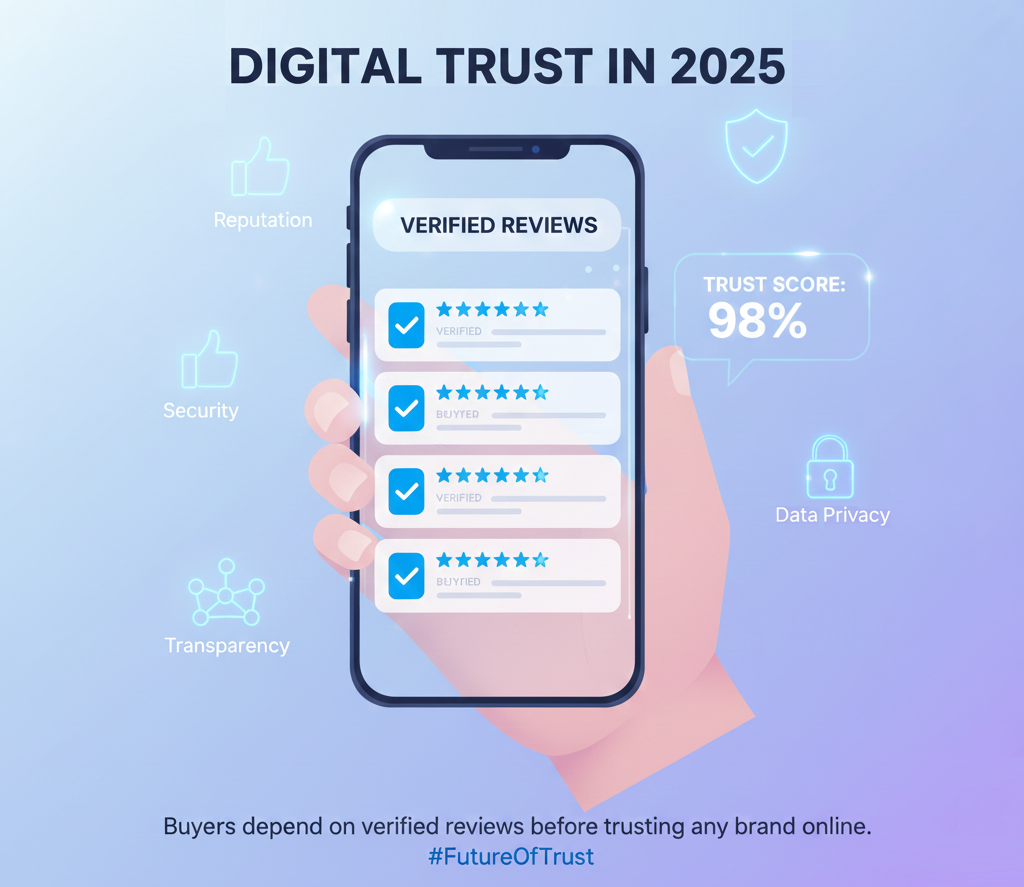 Modern buyer checking verified reviews for trust in 2025.