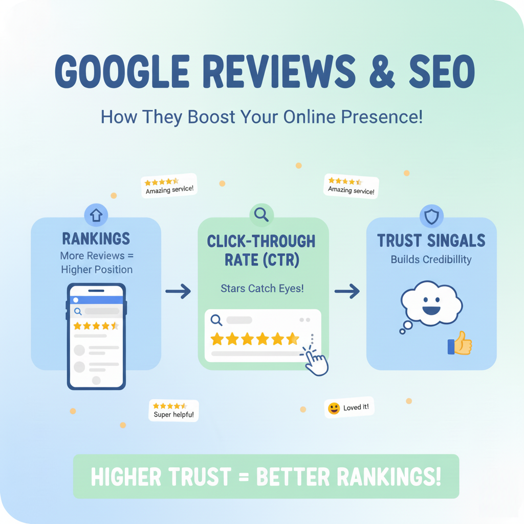 Diagram showing how Google Reviews influence SEO rankings, trust, and click-through rate