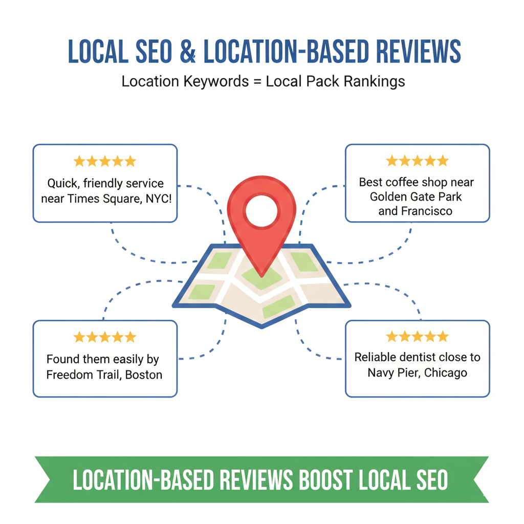 Local SEO illustration showing location-based Google Reviews improving rankings