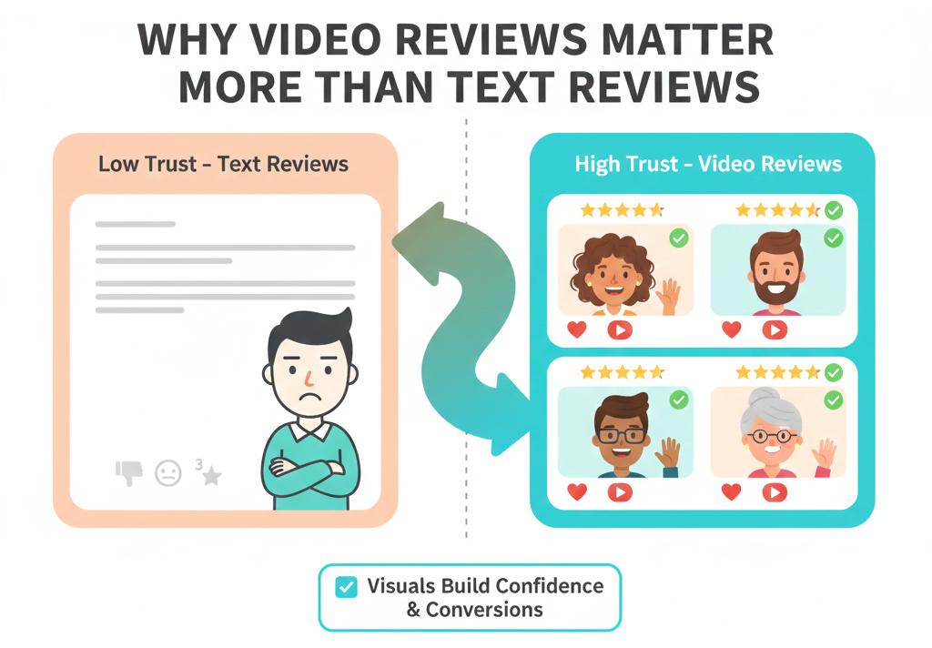 Comparison image showing video reviews as more trustworthy than text reviews